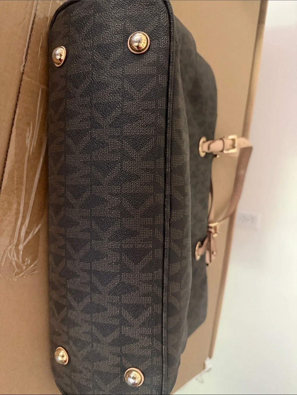 Michael Kors Brown Logo Tote with Tan Leather Handles and Gold MK Charm